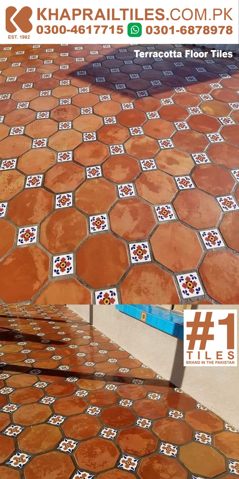 46 Khaprail Octagon With Square Dot Terracotta Floor Tiles With Hand Painted Mosaic Tiles